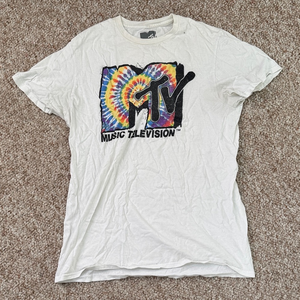 MTV Men’s White Tee with Colorful Tie-Dye Logo